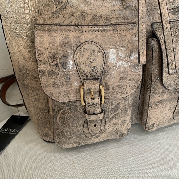 RALPH LAUREN Backpack Olive Bronze Tan Croc Embossed Leather Preppy Bag - Picture 3 of 11
